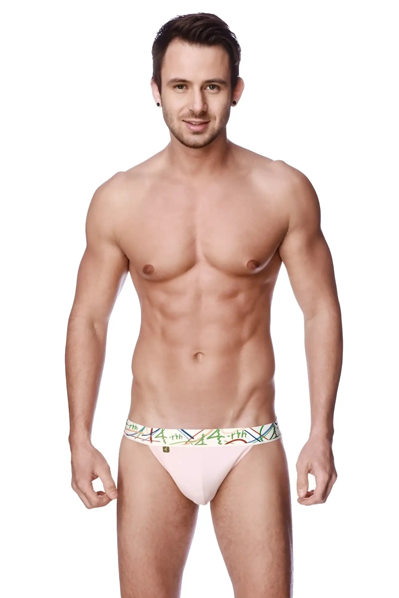 A light pink zen jock strap brief with a colorful geometric patterned waistband for comfortable support