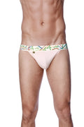 Pink cotton zen jock strap briefs with colorful earth patterned waistband for comfortable everyday wear