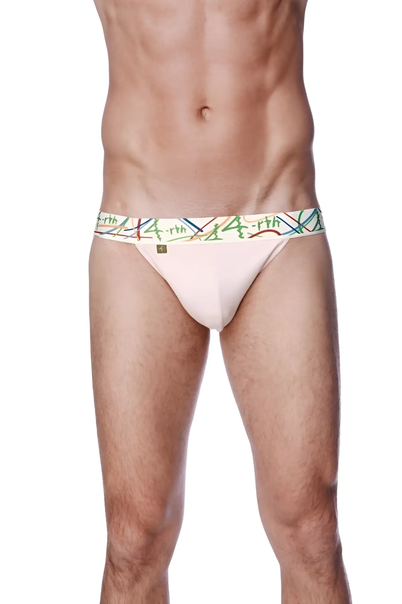 Pink cotton zen jock strap briefs with colorful earth patterned waistband for comfortable everyday wear