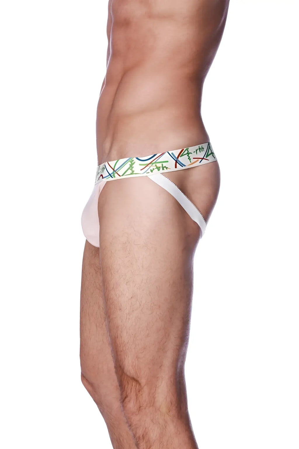 White zen jock strap with a colorful abstract line pattern waistband designed for athletic support