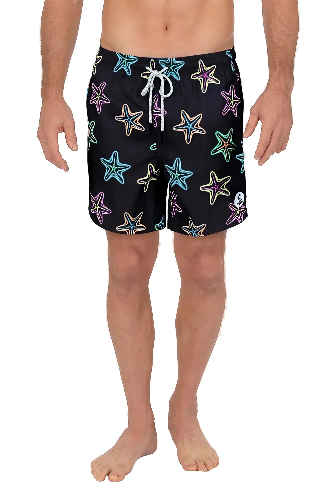 Black 4 way stretch swim short with neon blue pink green star pattern and white drawstrings for swimwear use