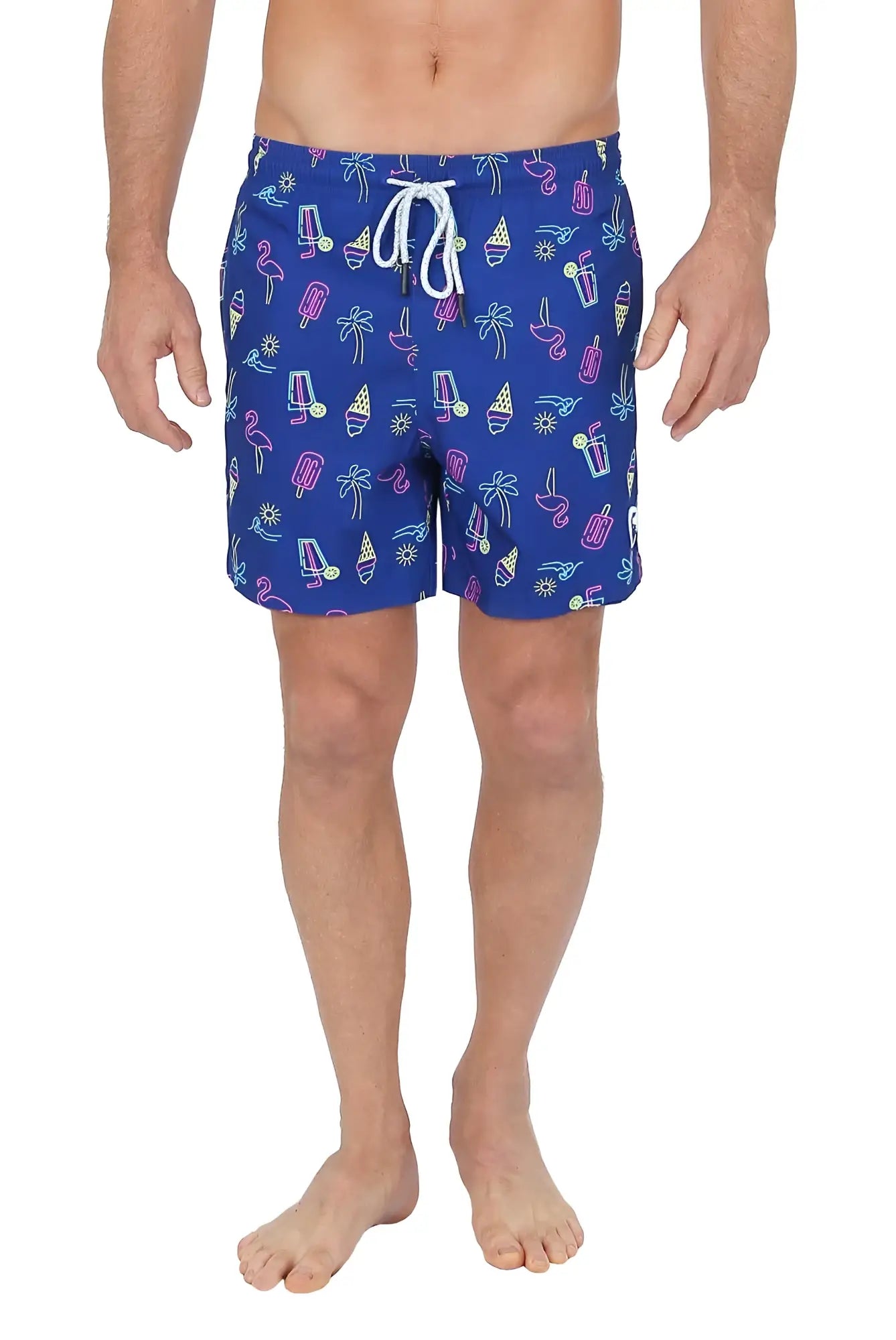 Blue 4 way stretch swim shorts featuring a vibrant neon pattern of pink flamingos ice cream cones palm trees and popsicles