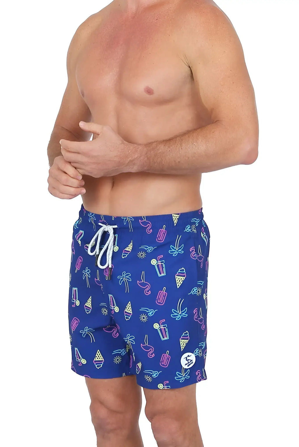 Blue 4 way stretch swim shorts with white drawstrings featuring a neon ice cream flamingo and tropical drink pattern