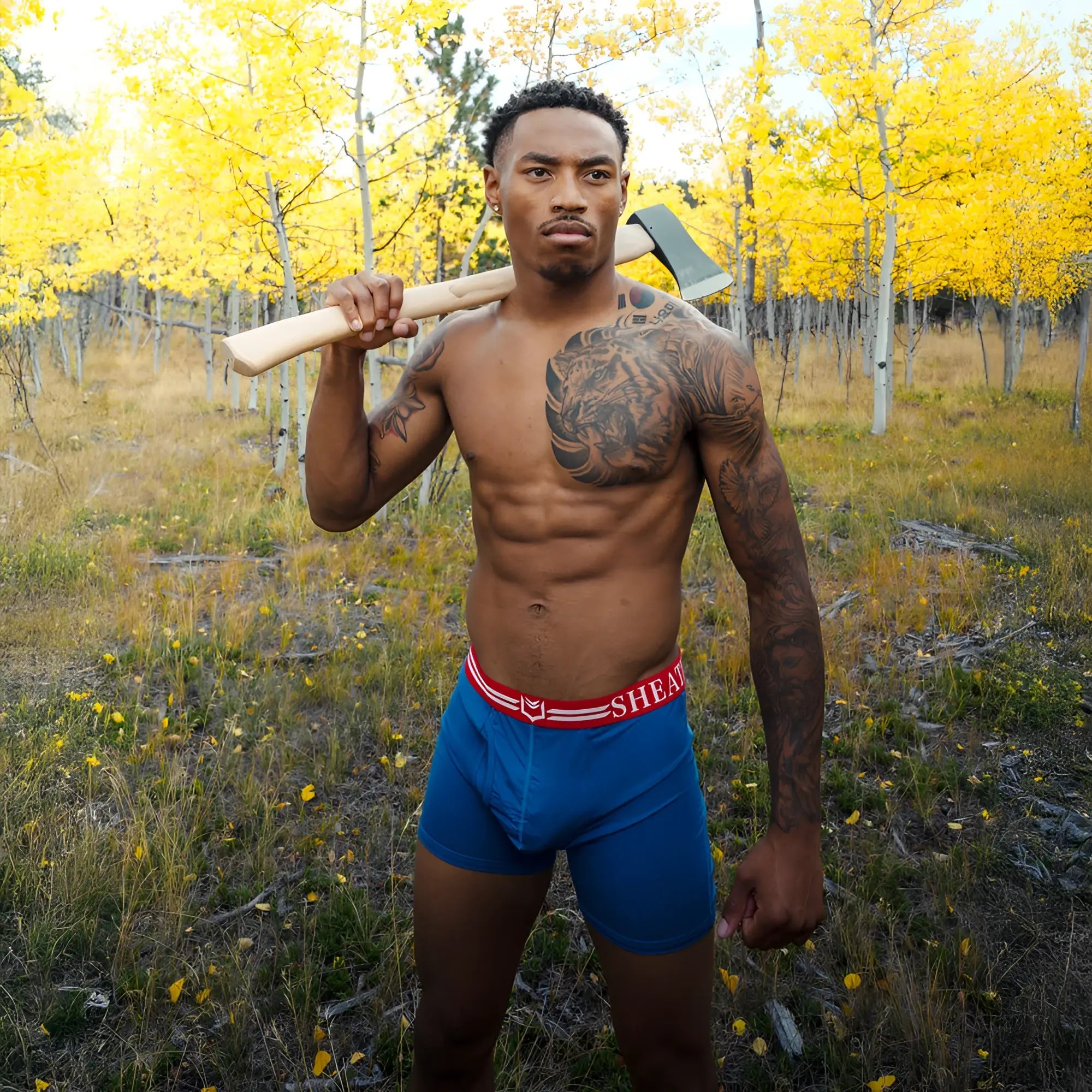 Blue boxer briefs with red waistband and shear logo from sheaths 4.0 dual pouch best-seller 3-pack bundle