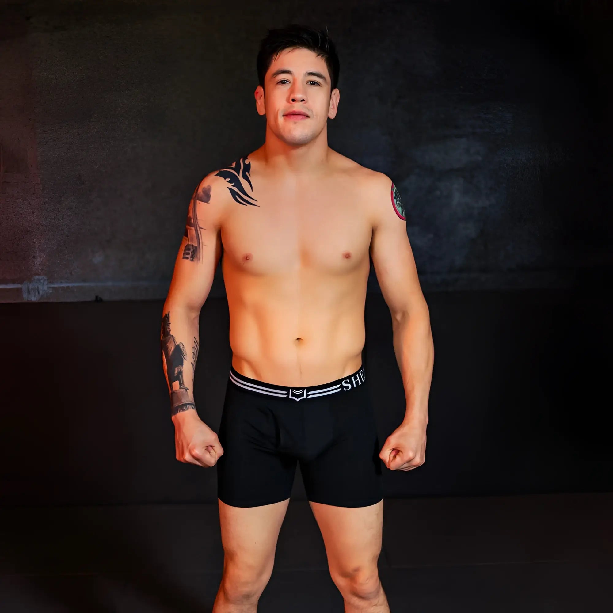 Black dual pouch boxer briefs with white striped waistband featuring she logo from sheathed 4.0 best-seller bundle