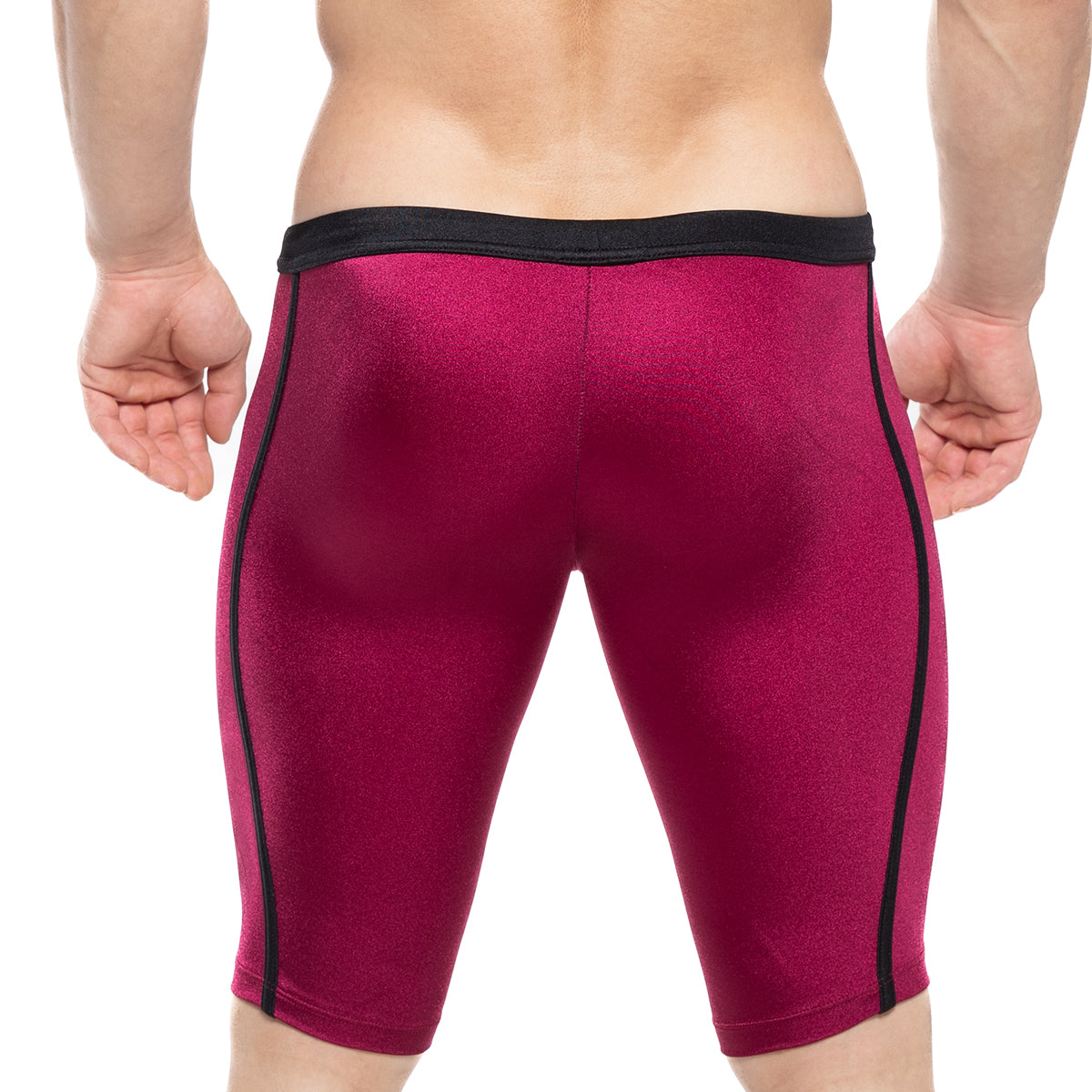 Fuchsia form-fitting athletic shorts with black side stripes and matching waistband from metromalewear university biker burgundy 4020-29