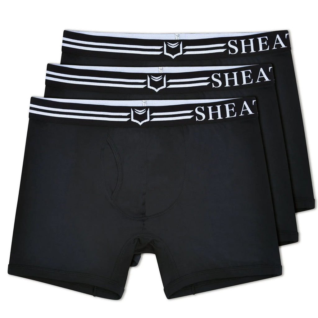Black men’s boxer briefs with white sheath elastic waistband and shield logo in a 3-pack dual pouch bundle