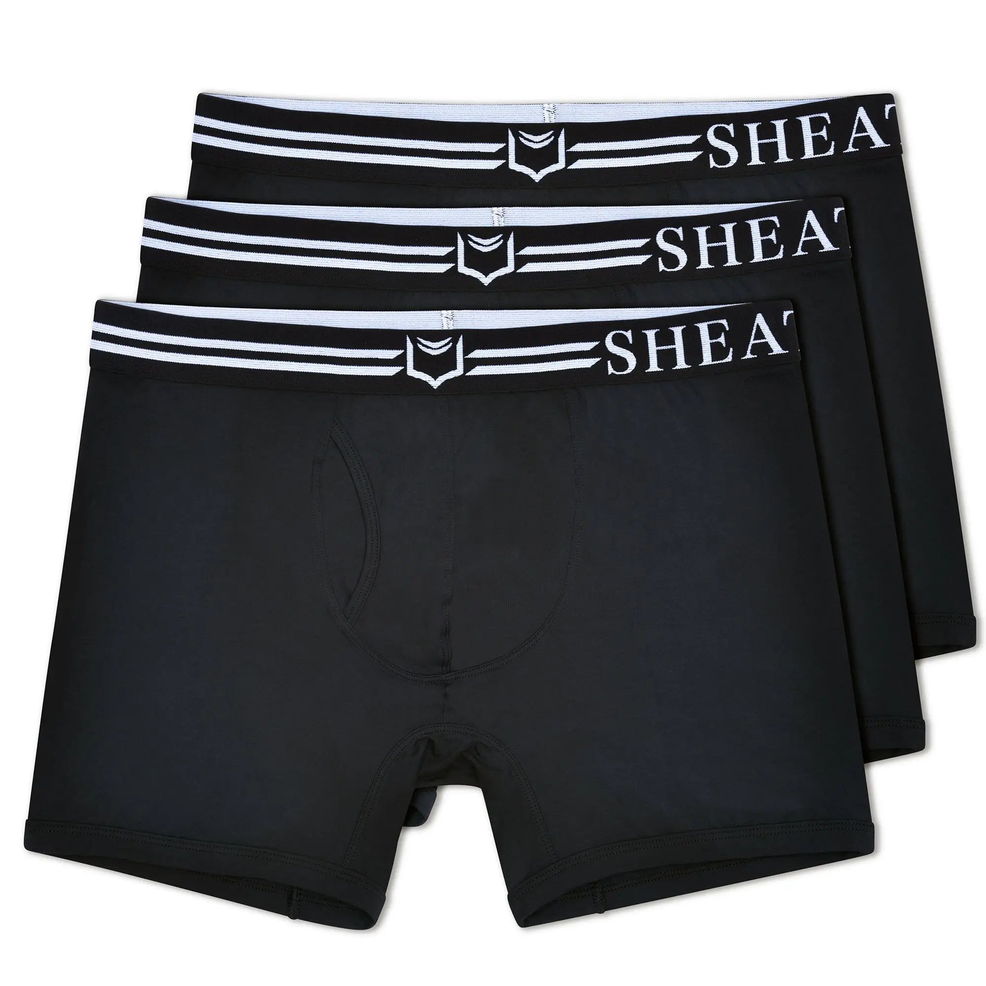 Black men’s boxer briefs with white sheath elastic waistband and shield logo in a 3-pack dual pouch bundle
