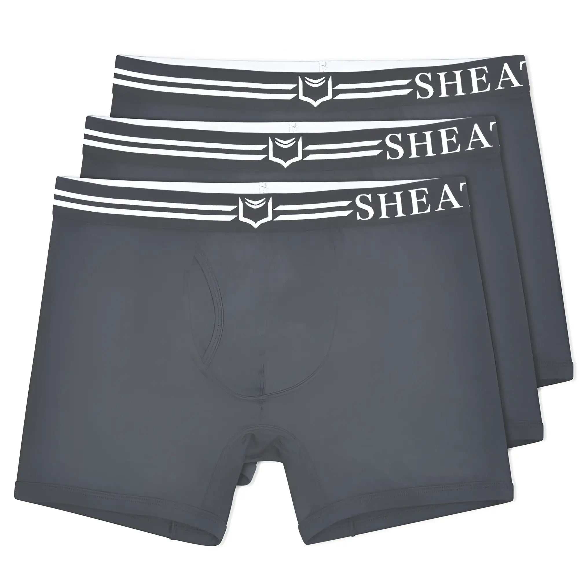 Dark gray dual pouch boxer briefs with white elastic waistband featuring sheath brand name and shield logo in 3-pack bundle