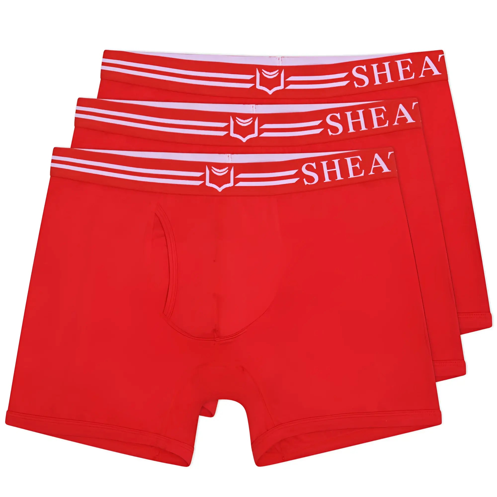 Red men’s dual pouch boxer briefs with white elastic waistband and shea logo in the sheath 4.0 best-seller bundle