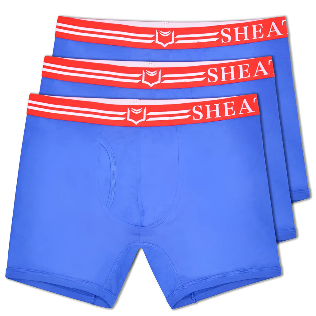 Blue boxer briefs with red and white elastic waistbands featuring sheath brand logo in a 3 pack dual pouch bundle