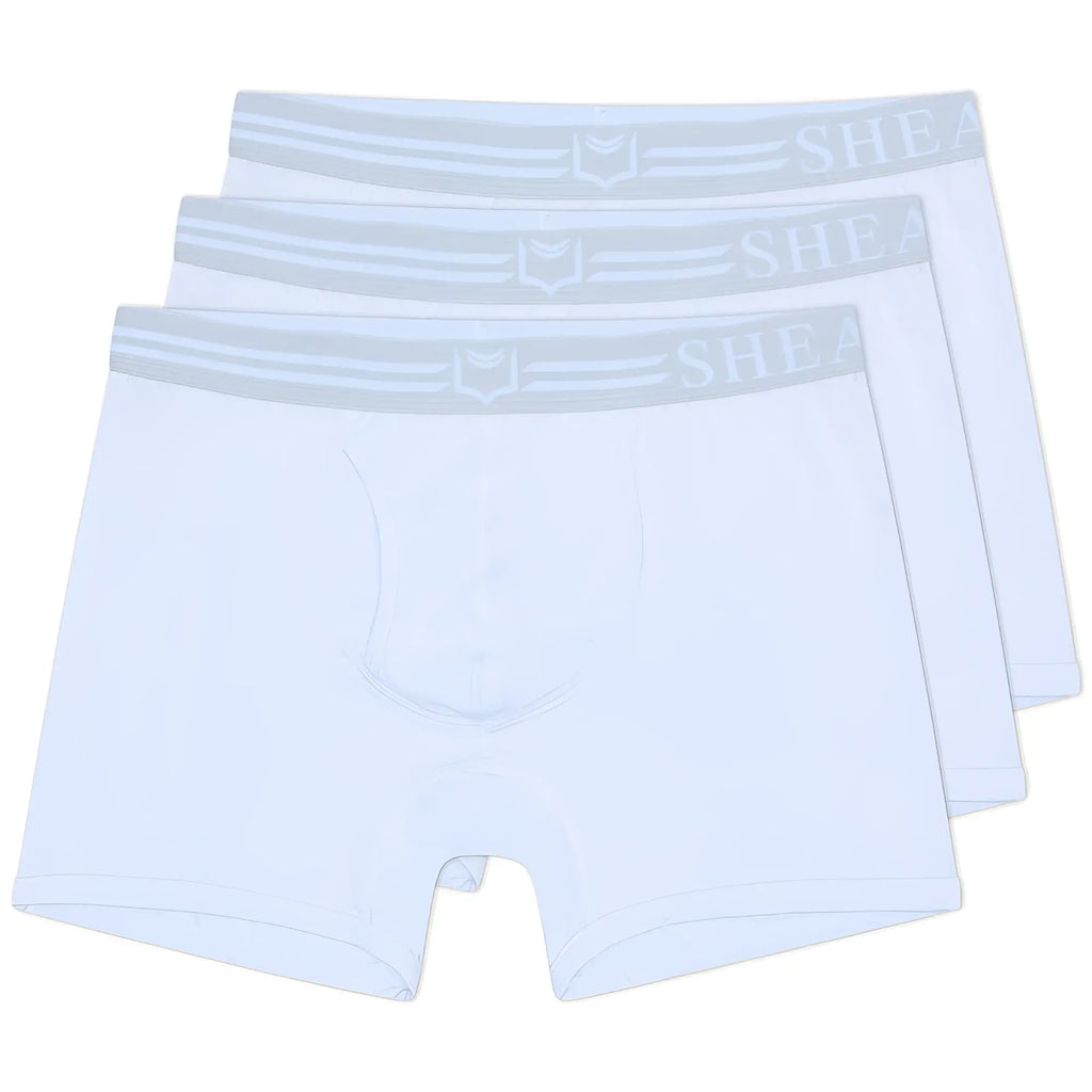 White men’s briefs with light gray elastic waistband featuring shea brand name in sheath 4.0 best-seller bundle