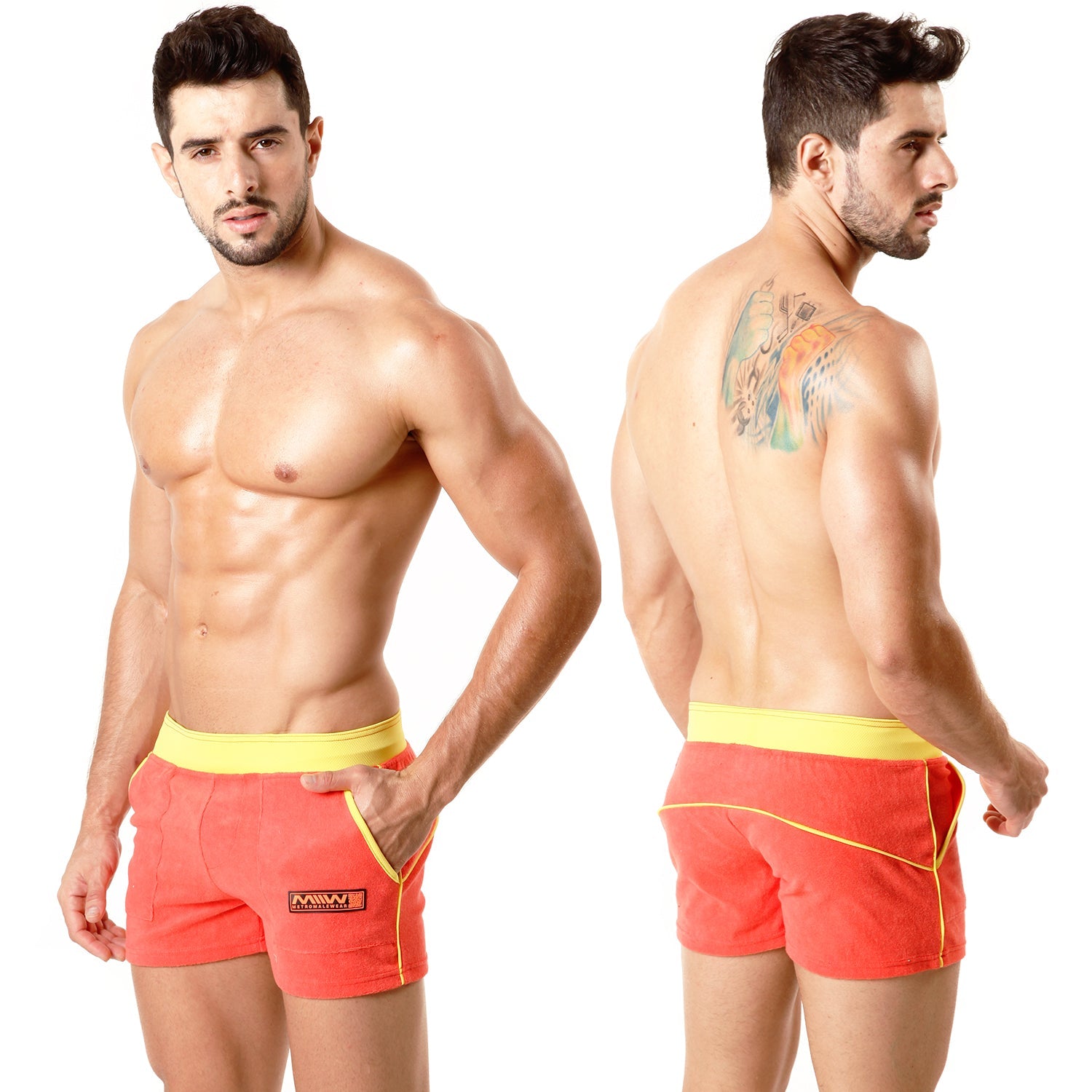 Metro male wear terry sport short orange 4701-14 vibrant coral swim trunks with yellow waistband and side trim front view