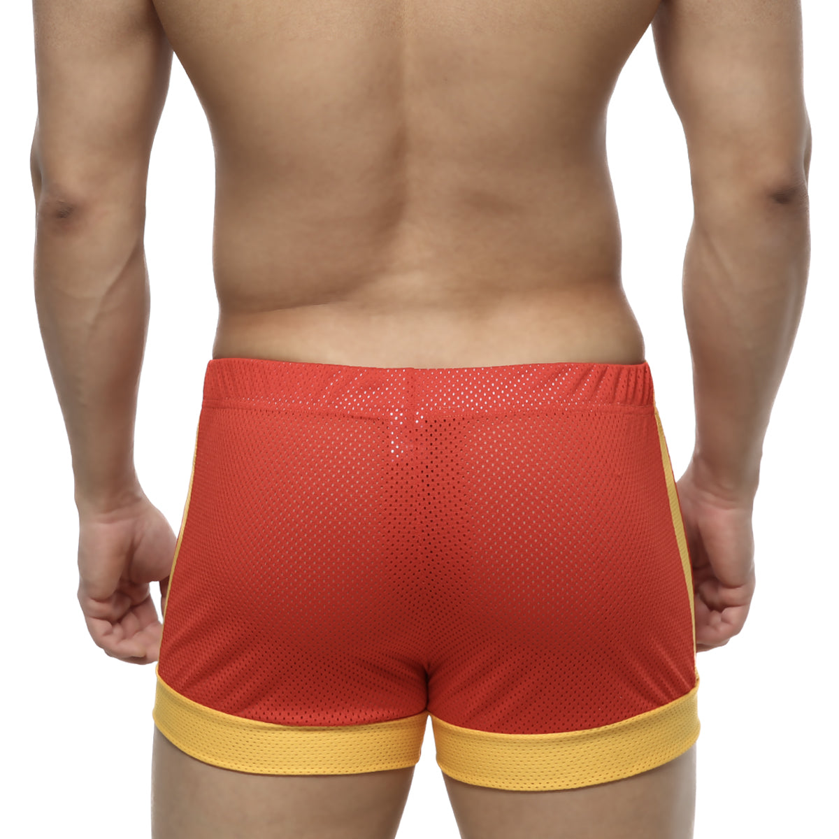 MetroMalewear soccer swim short red 4704-12 red and yellow mesh athletic shorts with elastic waistband