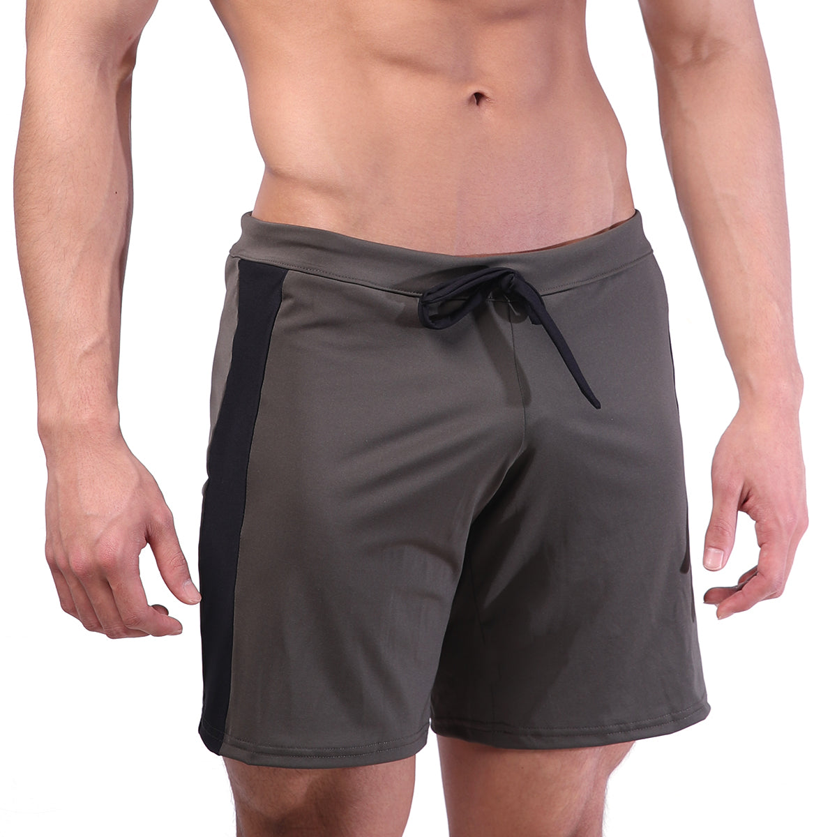 Dark gray metroMalewear trainer shorts with black side panels and matching drawstring waistband for athletic use