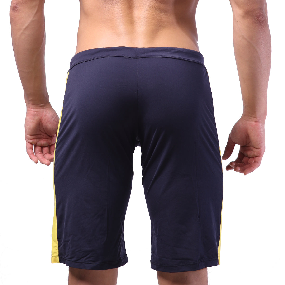 Navy blue metroMalewear trainer shorts with yellow side stripes designed for athletic performance and comfort