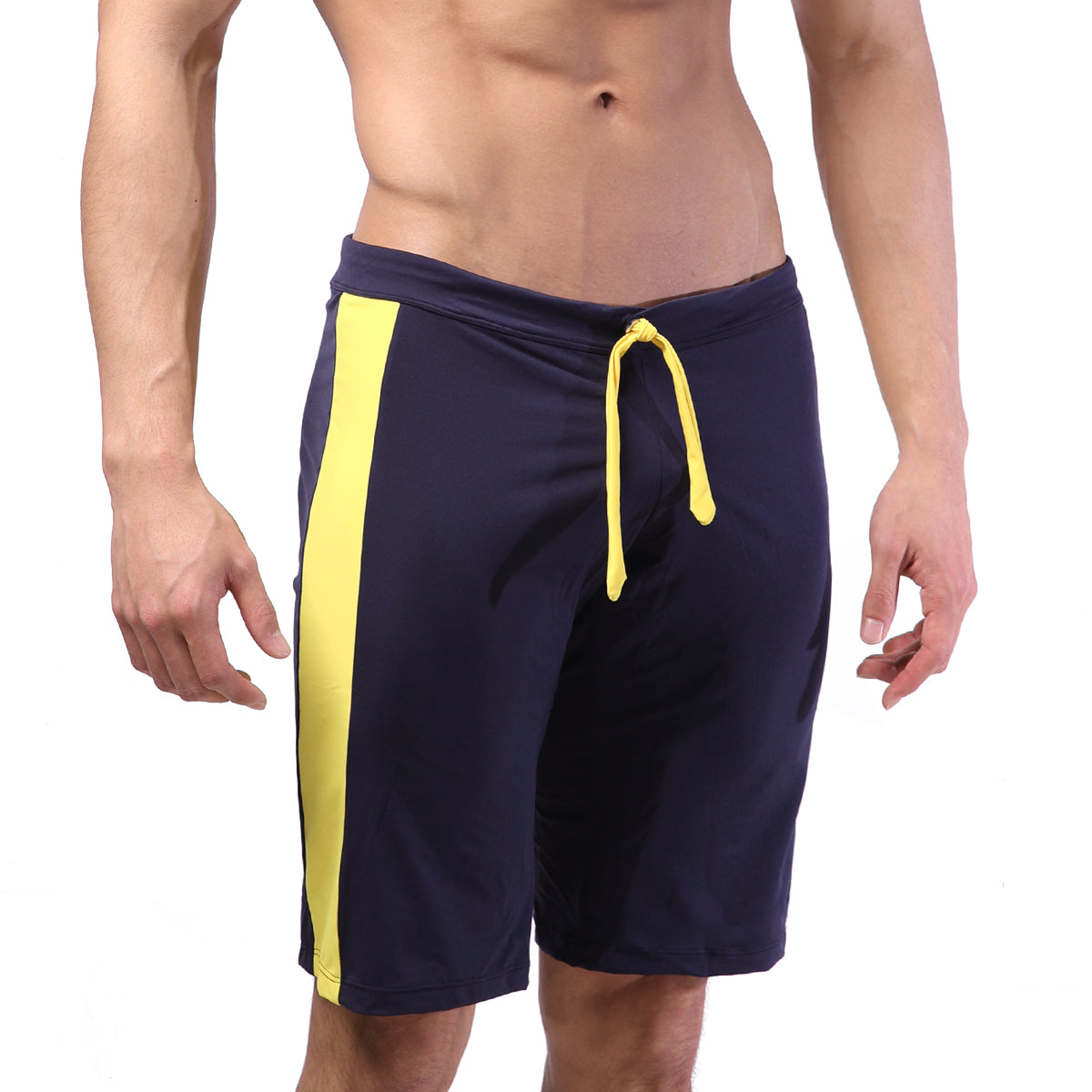 MetroMaleWear trainer short navy 4713-28 navy blue athletic shorts with bold yellow side stripe and matching drawstring
