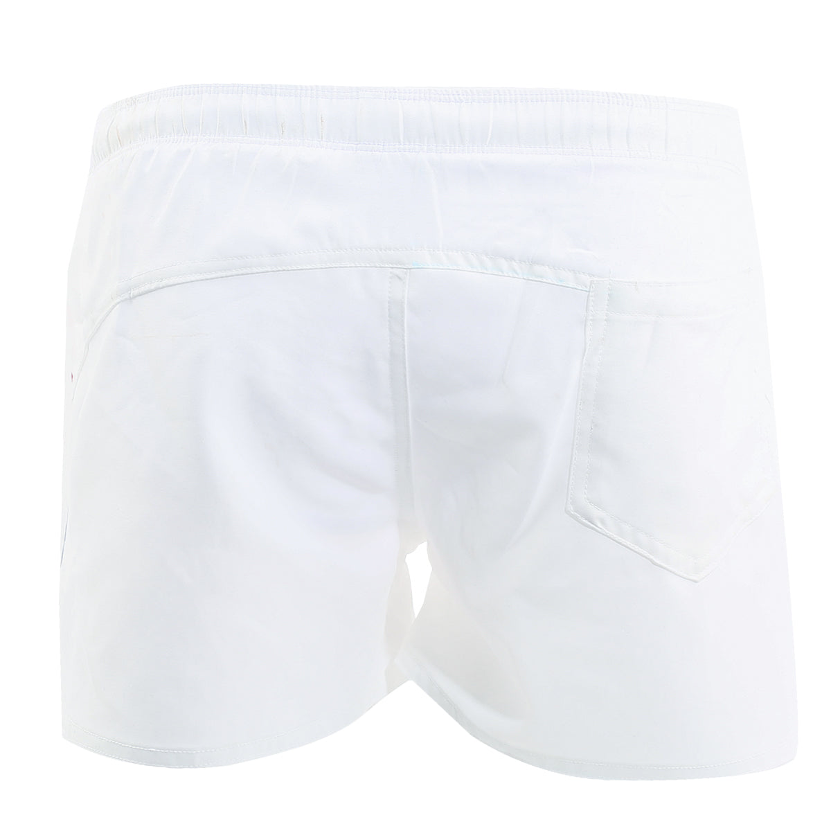 Back view of metro malewear viena short white athletic shorts with elastic waistband and single rear pocket