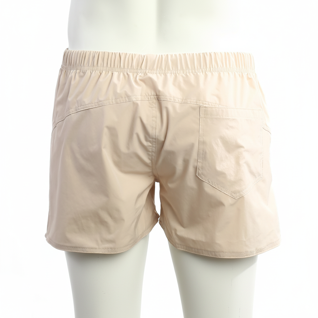 Beige metroMalewear Viena shorts with elastic waistband and single back pocket shown from the back side