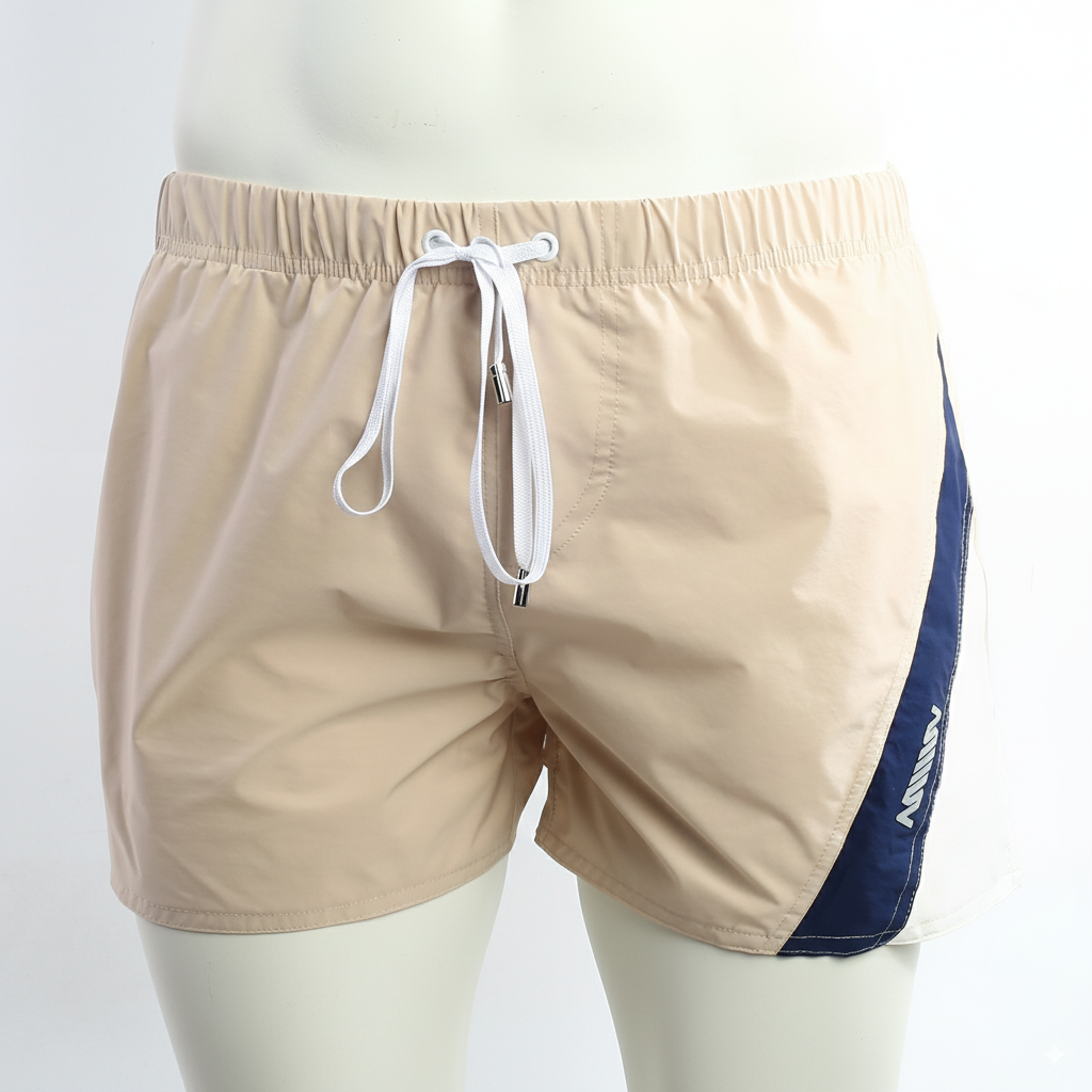 Beige and navy blue athletic swim shorts with white drawstring waistband from metromalewear viena short 4715-04