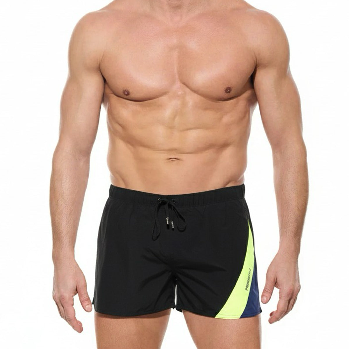 Black swim trunks metroMalewear viena short 4715-20 with neon yellow and navy blue diagonal side stripe