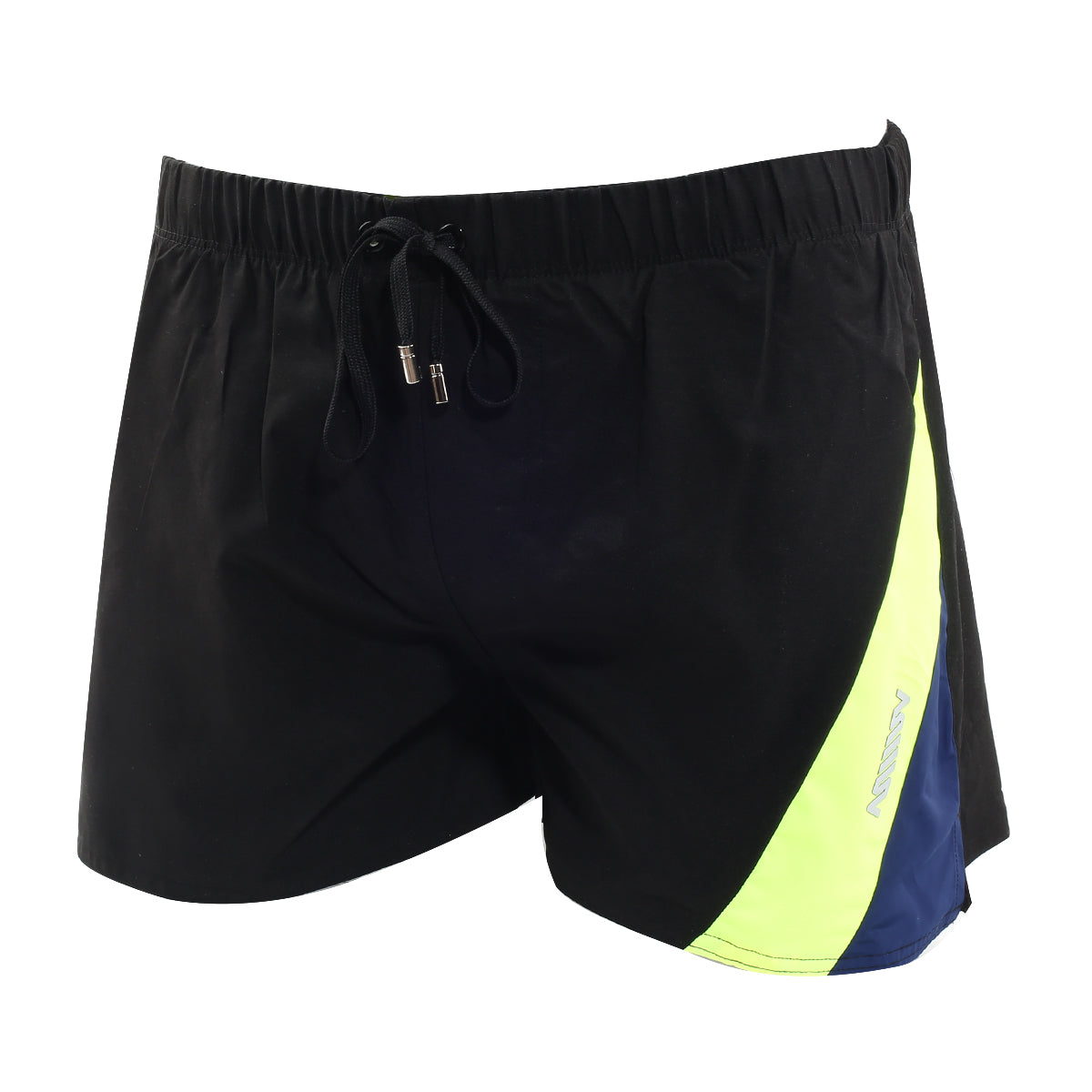 MetroMaleWear Viena short black athletic shorts with neon yellow and navy blue diagonal stripe and elastic waistband