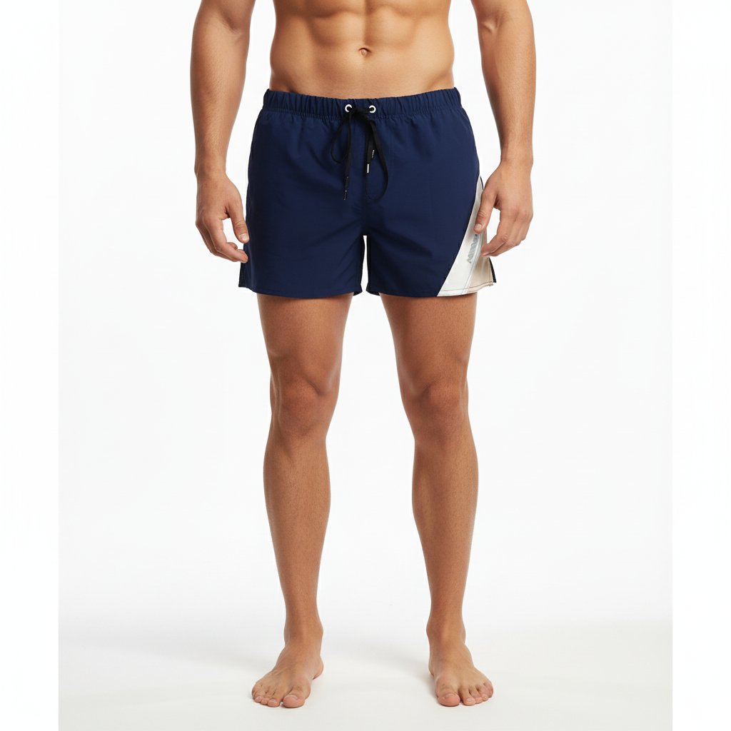 MetroMaleWear Viena short navy swim trunks with white diagonal panel and black drawstring for casual beachwear