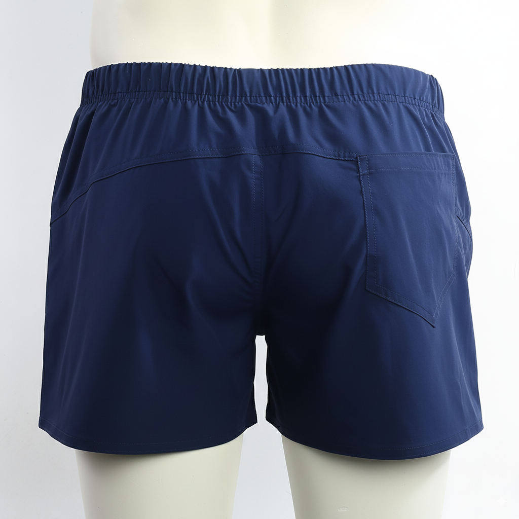Navy blue MetroMaleWear Viena athletic shorts with elastic waistband and single back pocket shown from the back side
