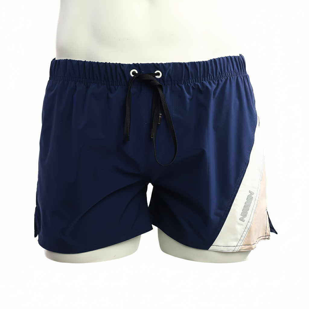 Navy blue and beige athletic swim trunks with drawstring waistband from MetroMaleWear Viena Short 4715-28 product line