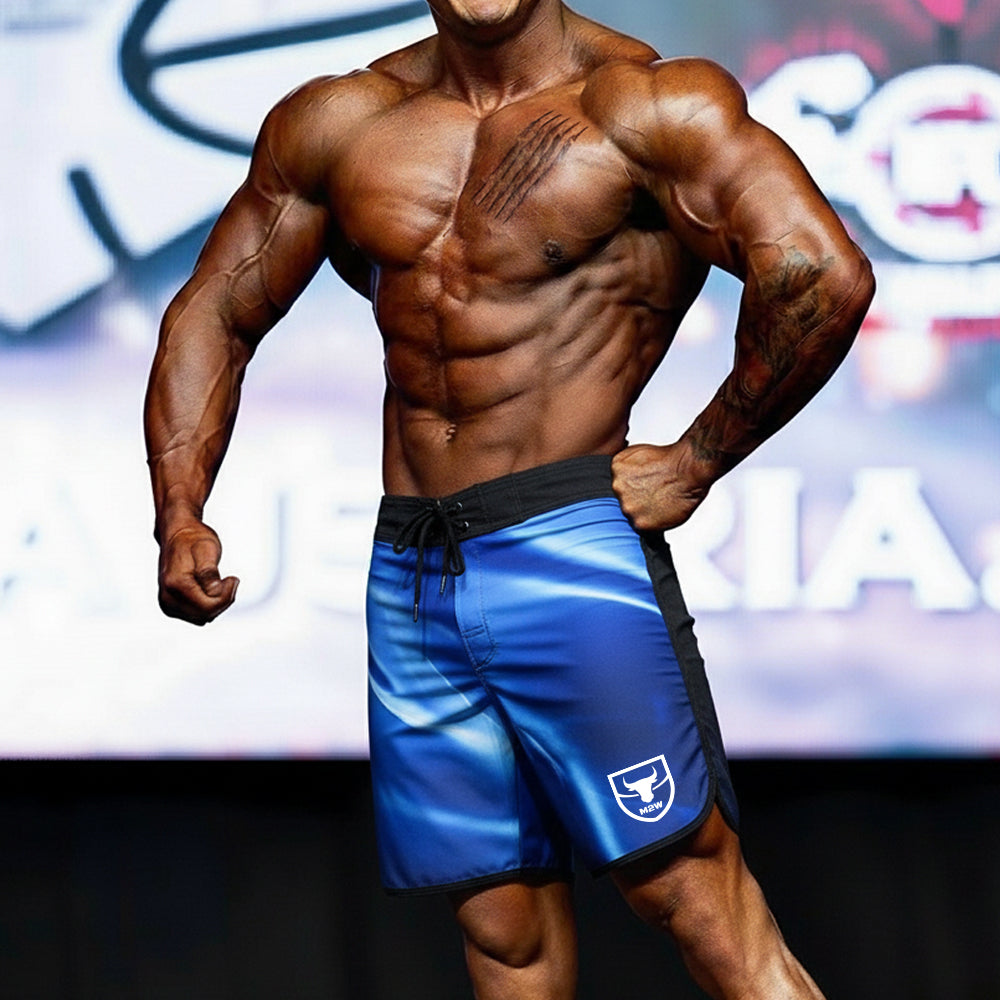 Blue metro muscle wear board shorts with black trim and white logo for mens physique by metro male wear