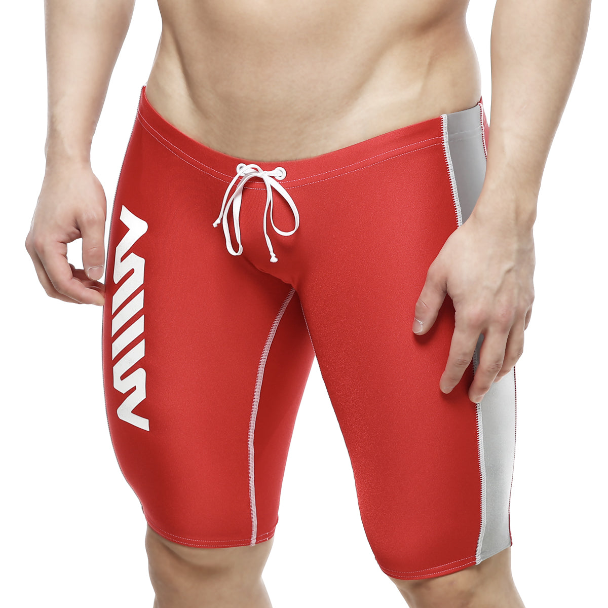 Red mens swim trunks MetroMaleWear jammer swim boxer with white side stripes and gray outer thigh panel