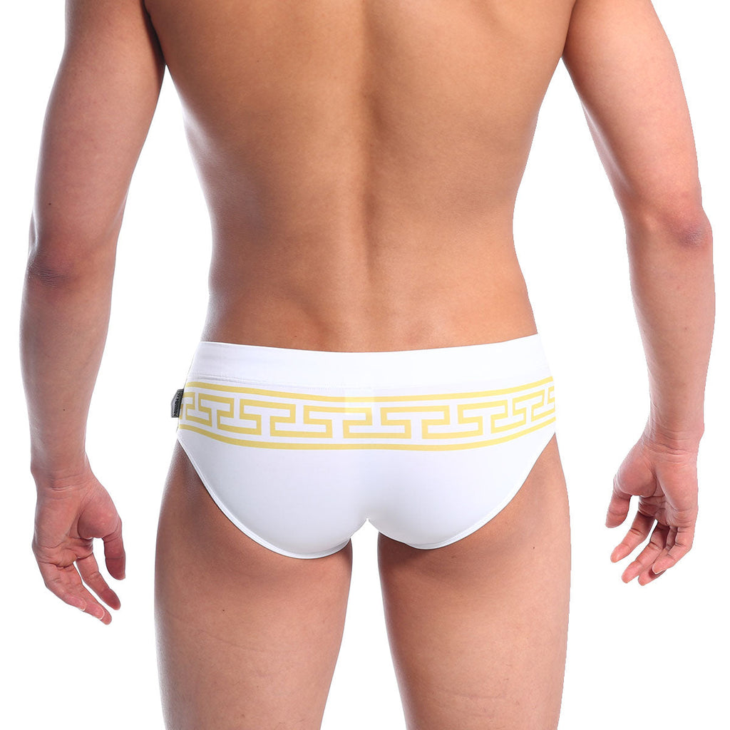 White swim trunks with bold yellow Greek key pattern waistband from MetroMaleWear Athen swim brief gold 4914-45