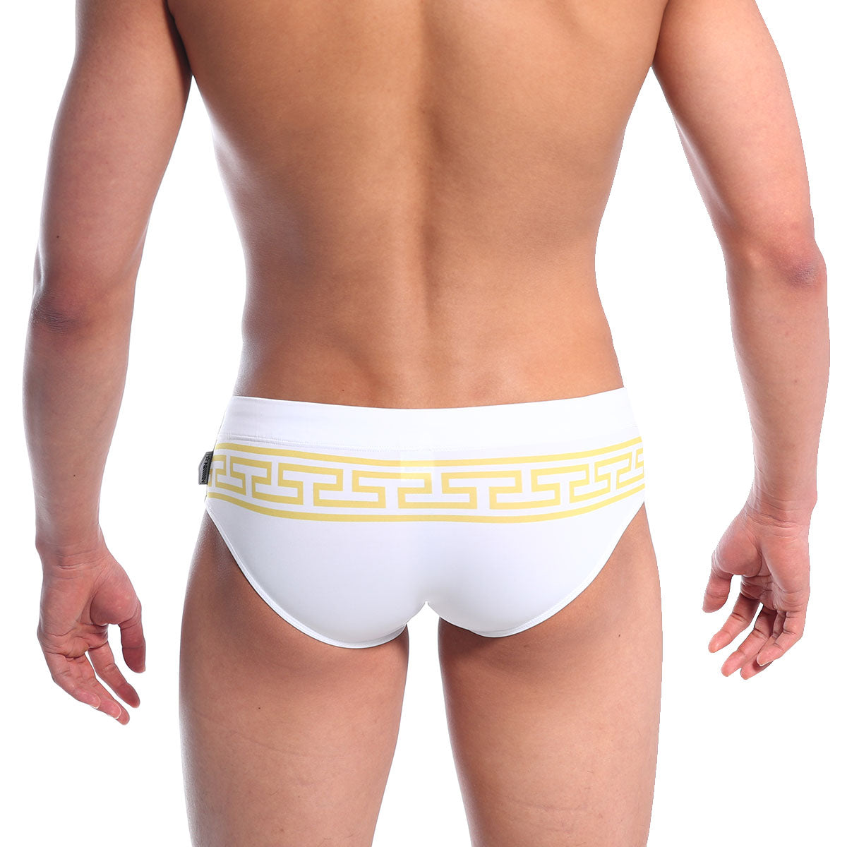 White swim trunks with bold yellow Greek key pattern waistband from MetroMaleWear Athen swim brief gold 4914-45