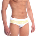 MetroMaleWear Athen swim brief gold 4914-45 white swim trunks with yellow Greek key pattern waistband front view