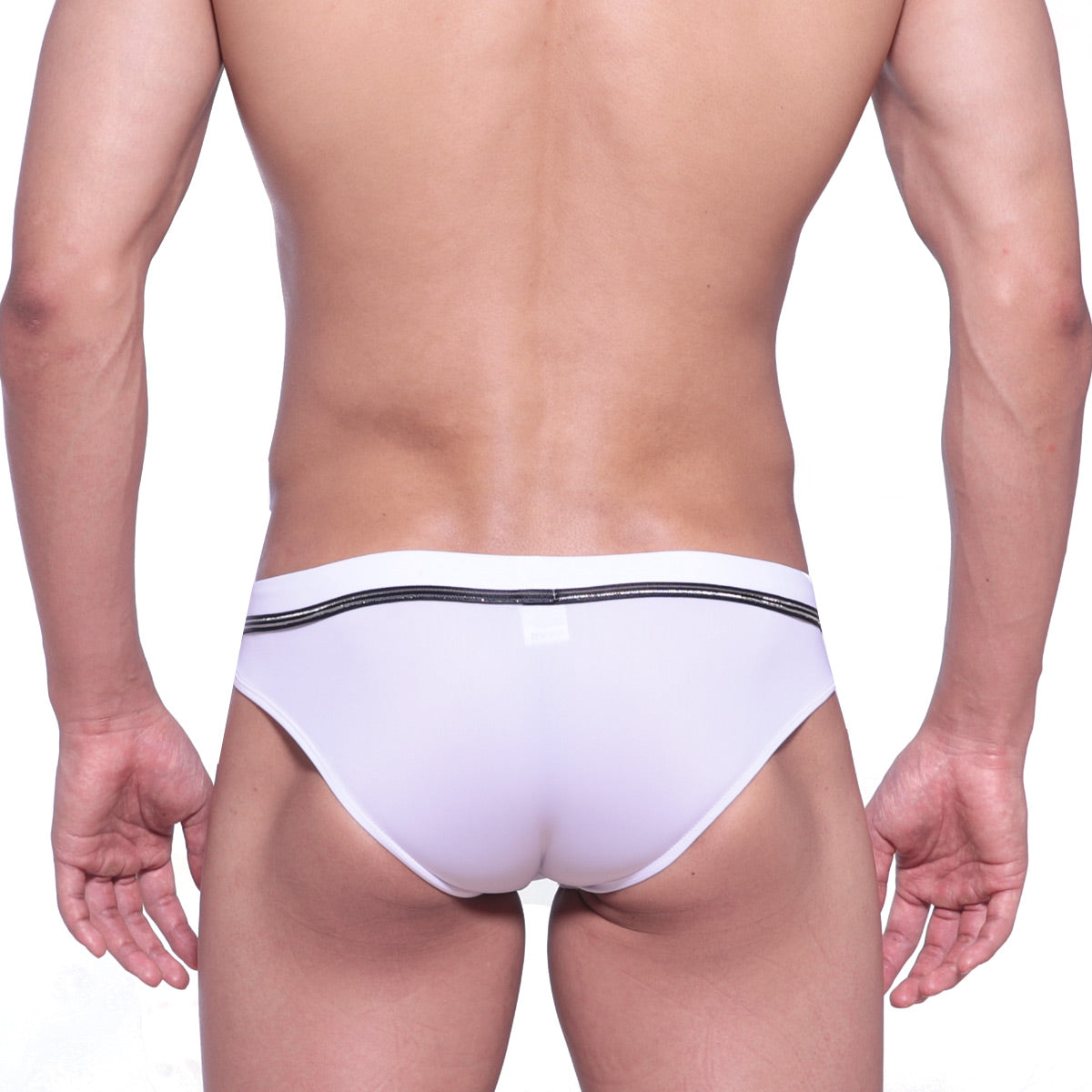 MetroMaleWear Duque swim brief white with black glittery elastic waistband offering stylish swimwear comfort