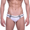 White swim trunks with black striped detailing by metromalewear duque swim brief white 4914-81 front view