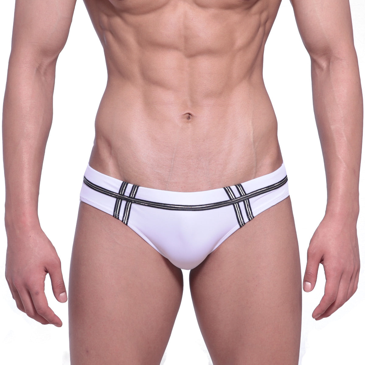 White swim trunks with black striped detailing by metromalewear duque swim brief white 4914-81 front view