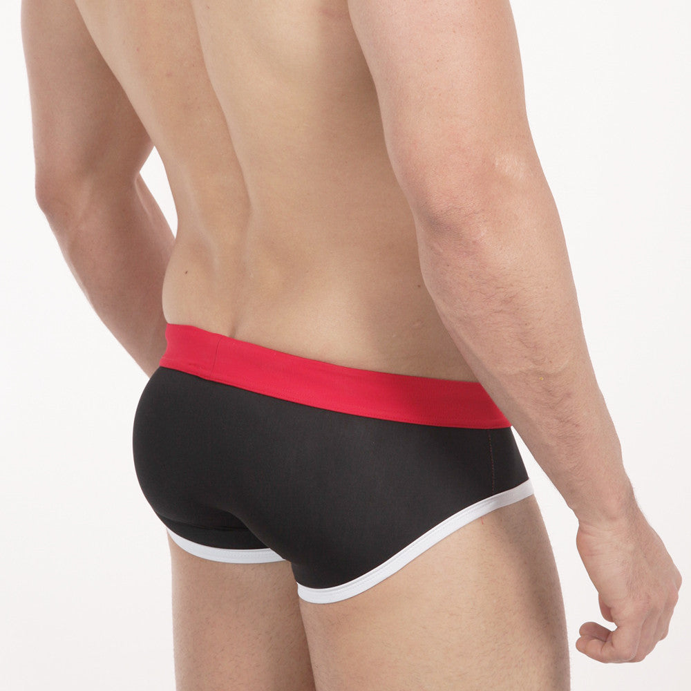 Black briefs with bold red waistband and white trim metroMalewear pride swim brief 4916-78 front view