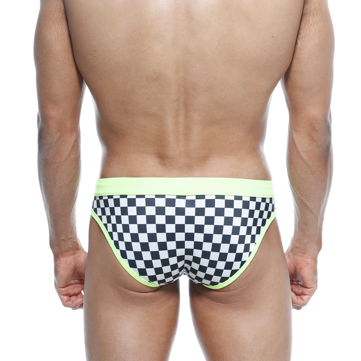 Black and white checkered swim bikini with neon lime green waistband by MetroMaleWear model mosaic 4920-41