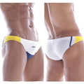 MetroMaleWear California swim bikini white 4921-00 sleek white yellow and navy blue swim trunks with a modern design