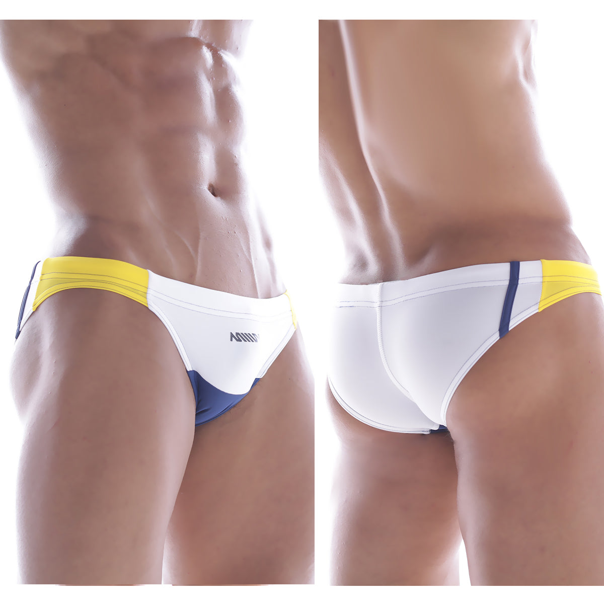 MetroMaleWear California swim bikini white 4921-00 sleek white yellow and navy blue swim trunks with a modern design