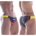 Black and yellow swim trunks with red accents featuring a sleek design and agnix branding from MetroMaleWear California
