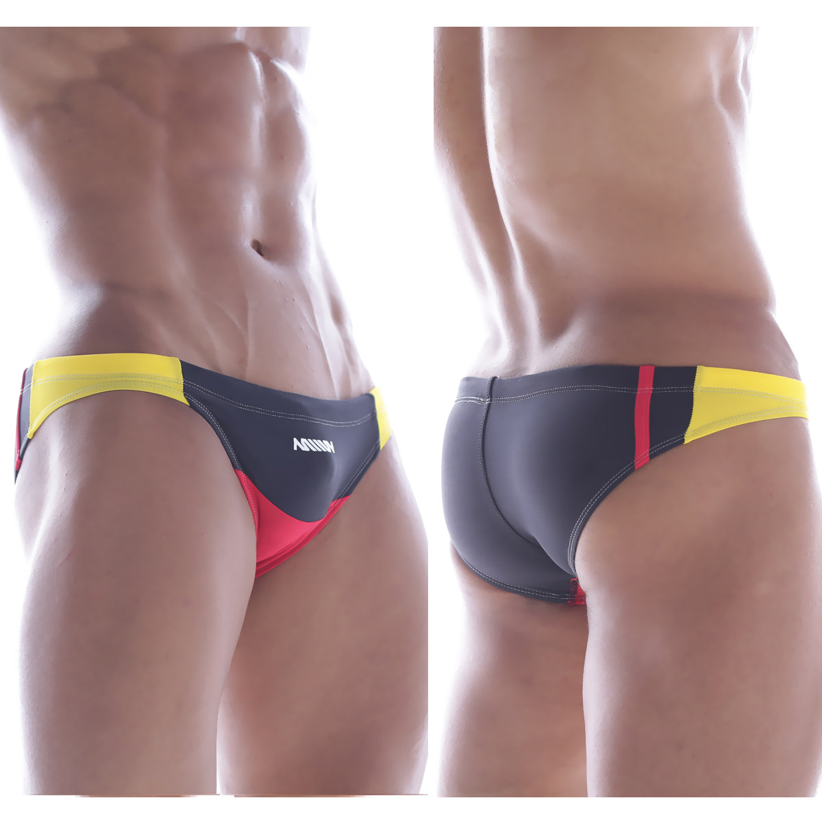 Black and yellow swim trunks with red accents featuring a sleek design and agnix branding from MetroMaleWear California