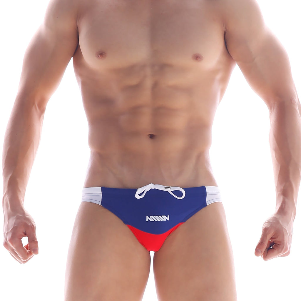 MetroMaleWear california swim bikini navy 4921-28 features blue and red swim trunks with white side panels and matching drawstring