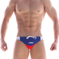 MetroMaleWear california swim bikini navy 4921-28 features blue and red swim trunks with white side panels and matching drawstring