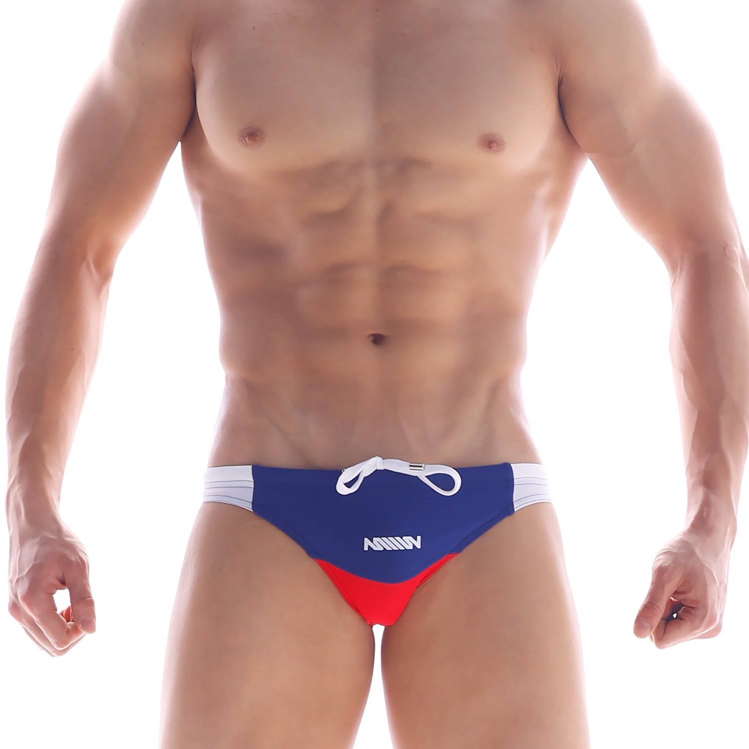 MetroMaleWear california swim bikini navy 4921-28 features blue and red swim trunks with white side panels and matching drawstring