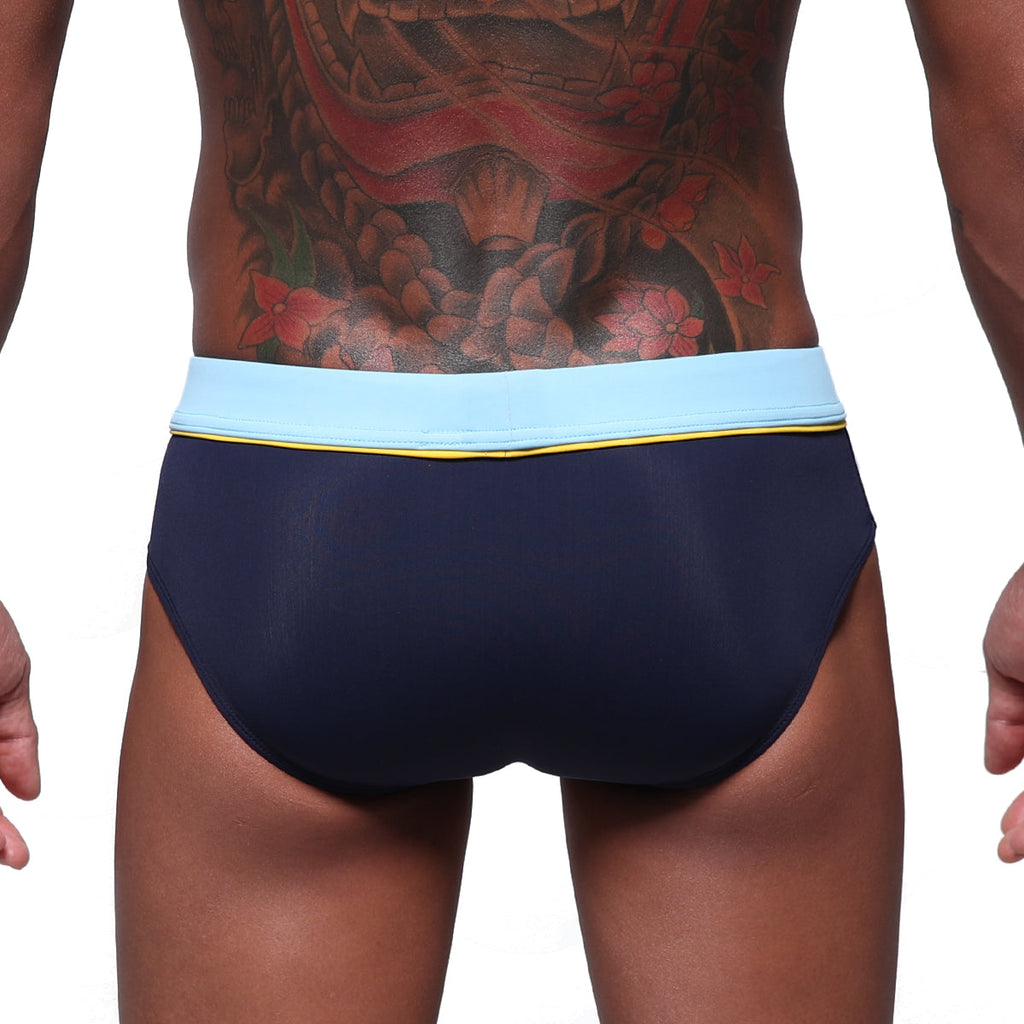 Navy blue MetroMaleWear Bing Sport swim brief 4924-02 with light blue waistband and yellow trim for active use