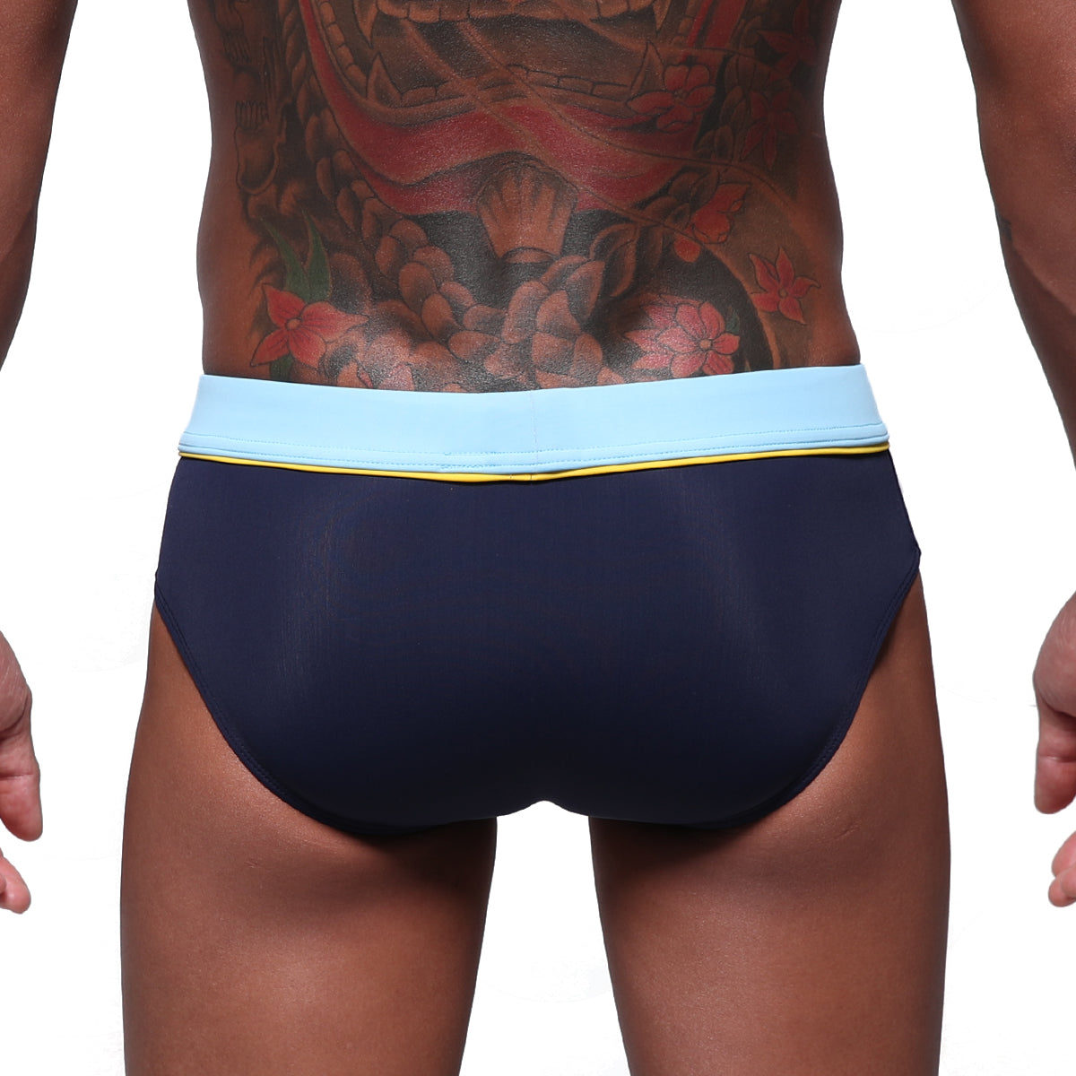 Navy blue MetroMaleWear Bing Sport swim brief 4924-02 with light blue waistband and yellow trim for active use