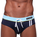 MetroMaleWear Bing sport swim brief navy with light blue waistband white drawstring and two vertical white side stripes