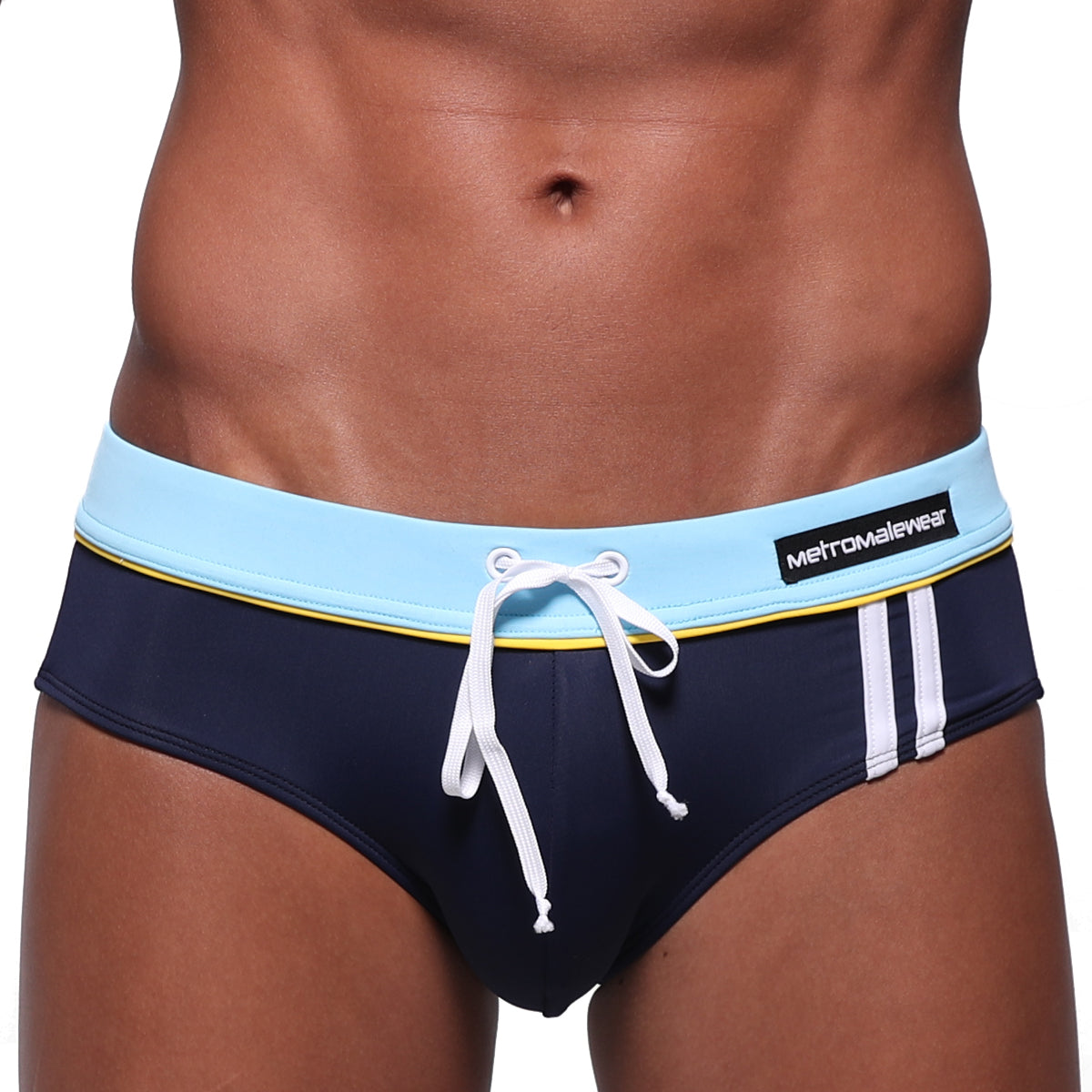 MetroMaleWear Bing sport swim brief navy with light blue waistband white drawstring and two vertical white side stripes